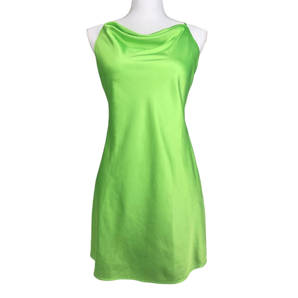 J.O.A. SATIN COWL‑NECK MINI DRESS – WOMEN’S SMALL – GREEN – ADJUSTABLE STRAPS
